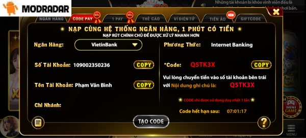 Hướng dẫn cách nạp tiền Yo88 qua CODE PAY