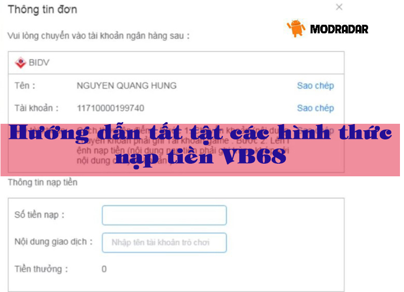 Hướng dẫn tất tật các hình thức nạp tiền VB68 đơn giản cho lính mới 