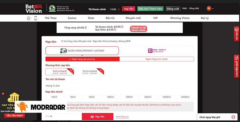 Hướng Dẫn Nạp Tiền BetVision với thao tác vô cùng đơn giản 